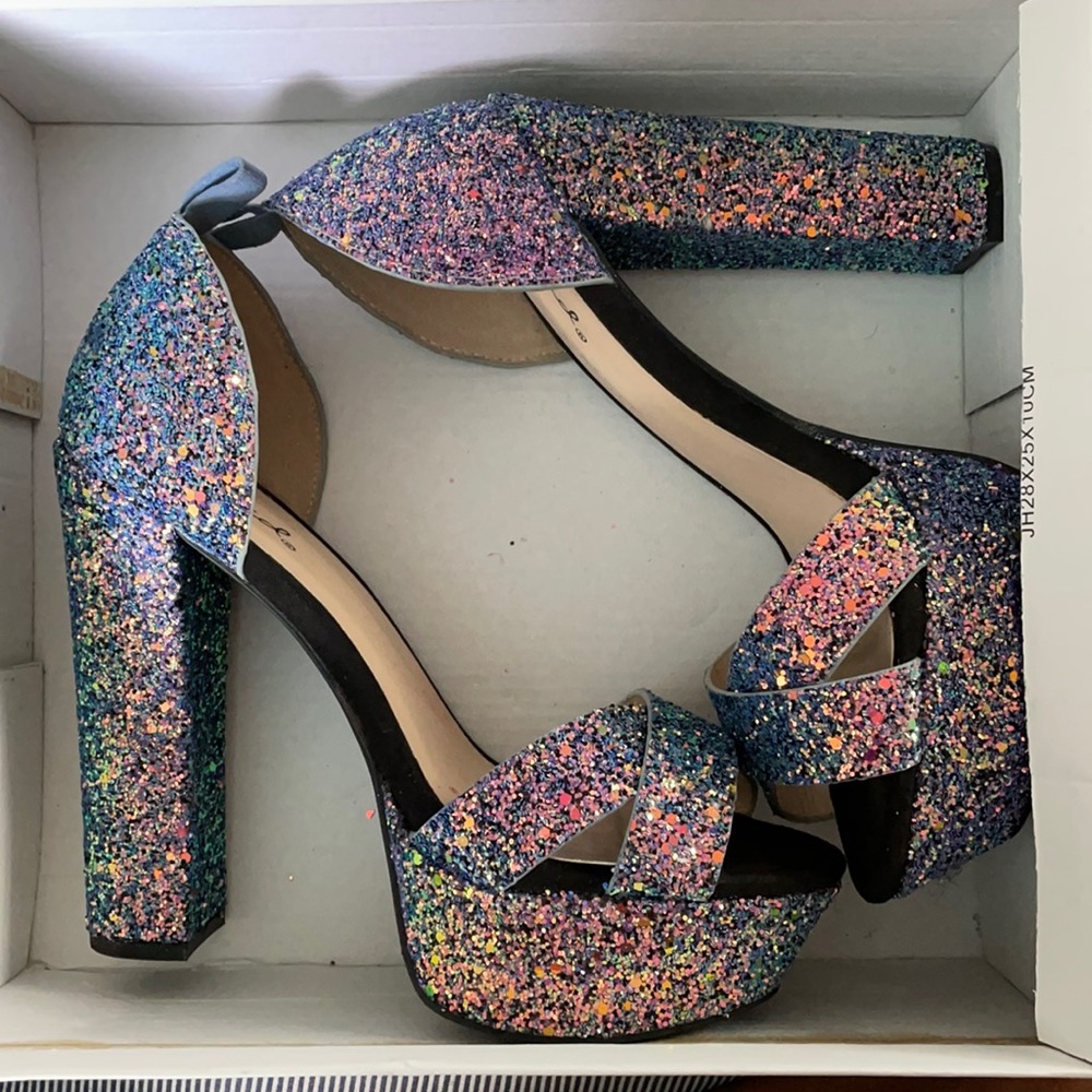 Qupid Blue-iridescent glitter heels